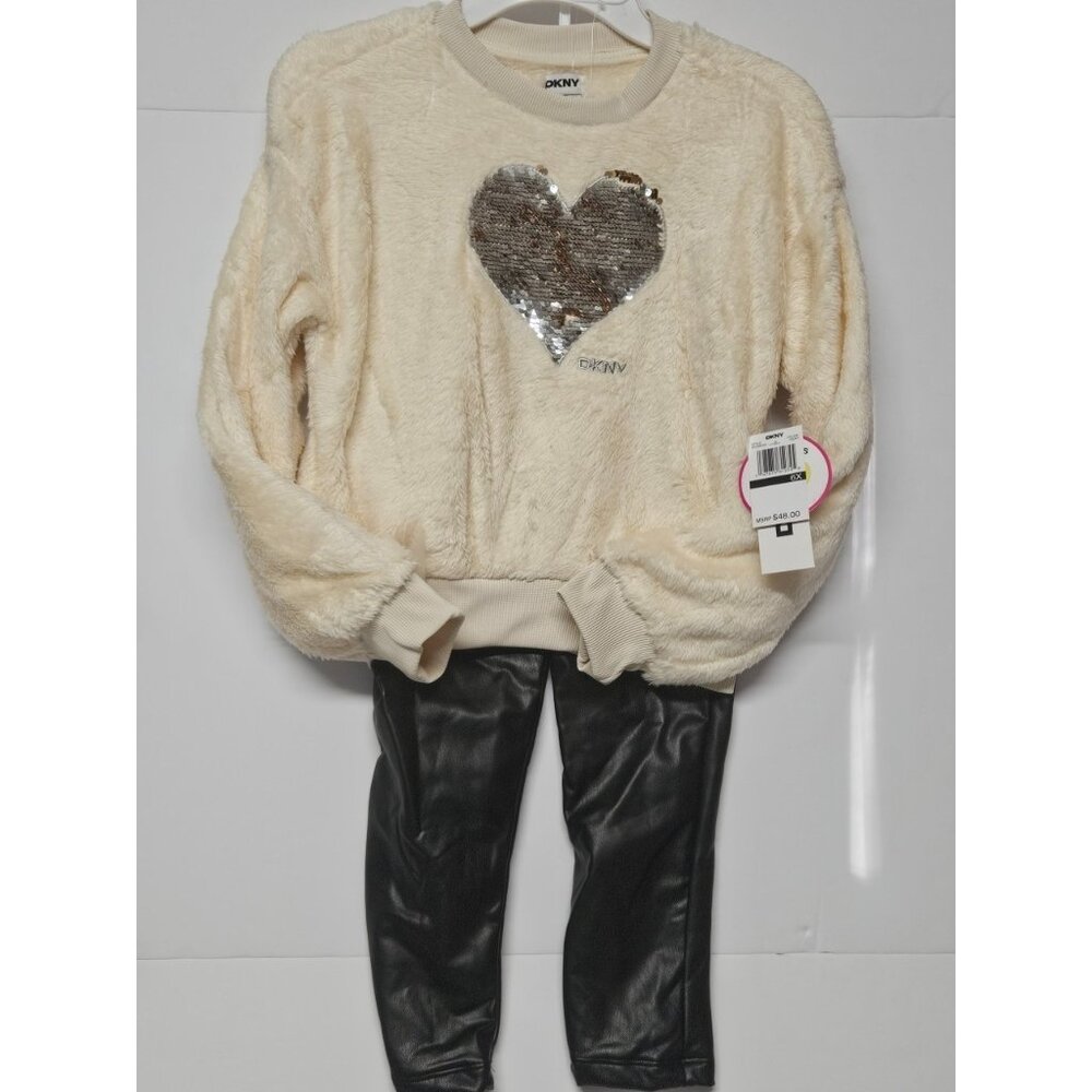 DKNY Girls Size 6X 2 Pc Outfit, Sparkling‎ Flipping Sequins Sweater/ Black Pants